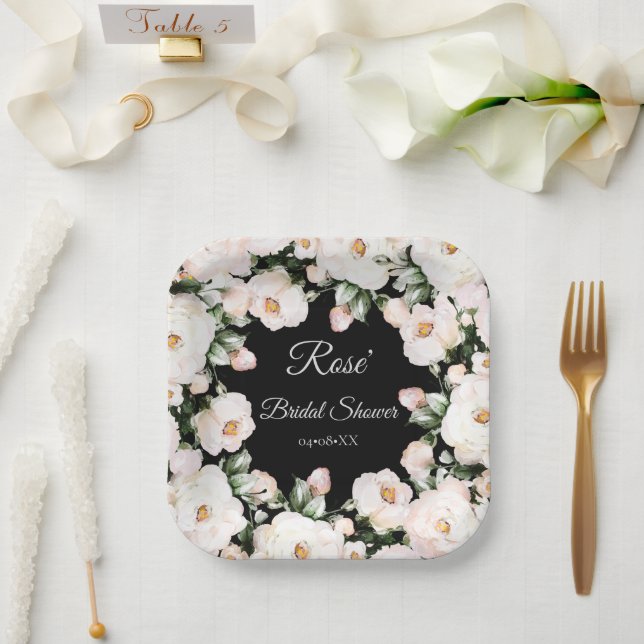 Elegant Black White Roses Bridal Shower Paper Plates (Wedding)
