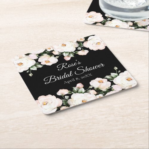 Elegant Black White Roses Bridal Shower  Square Paper Coaster