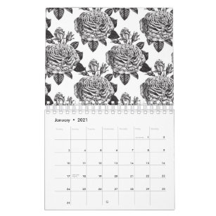 Elegant Black White Roses Flower Lover Floral Calendar