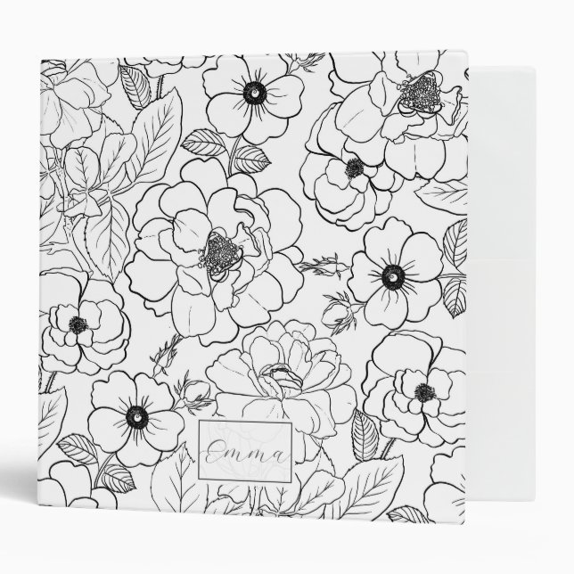 Elegant Black White Roses Line art Floral 3 Ring Binder (Front/Inside)