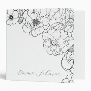 Elegant Black White Roses Line art Floral 3 Ring Binder