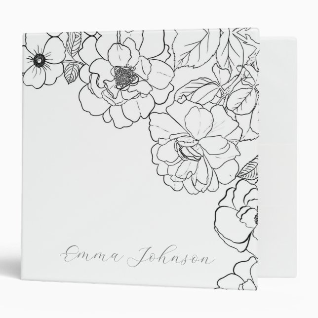 Elegant Black White Roses Line art Floral 3 Ring Binder (Front/Inside)