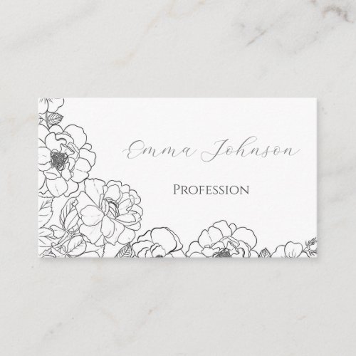 Elegant Black White Roses Line art Floral Business Card