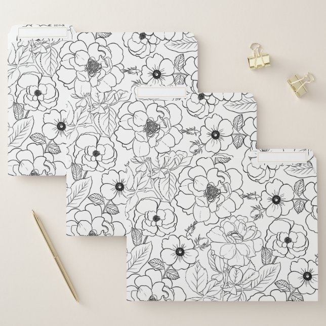 Elegant Black White Roses Line art Floral File Folder (Set)