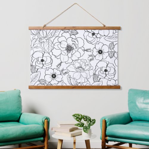 Elegant Black White Roses Line art Floral Hanging Tapestry