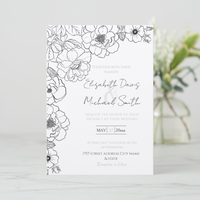 Elegant Black White Roses Line art Floral Invitation (Standing Front)