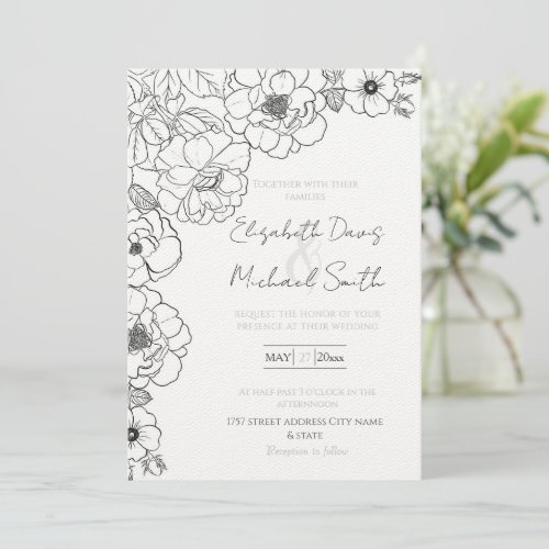 Elegant Black White Roses Line art Floral Invitation