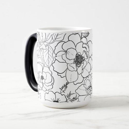 Elegant Black White Roses Line art Floral Magic Mug