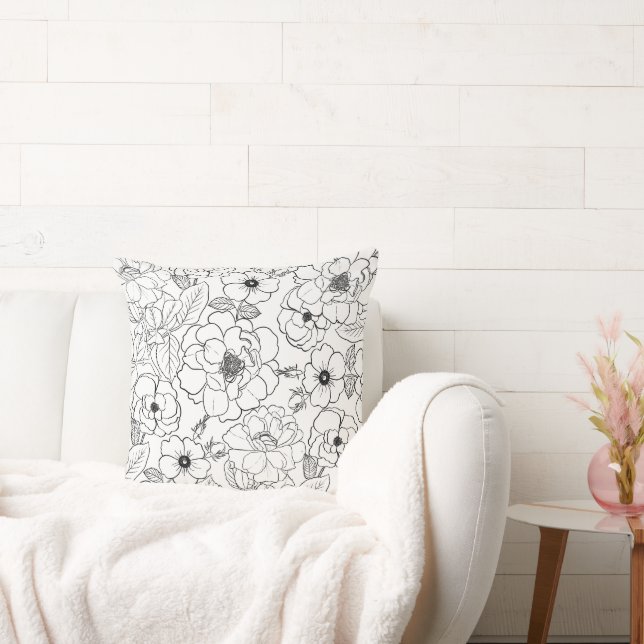 Elegant Black White Roses Line art Floral Throw Pillow (Couch)
