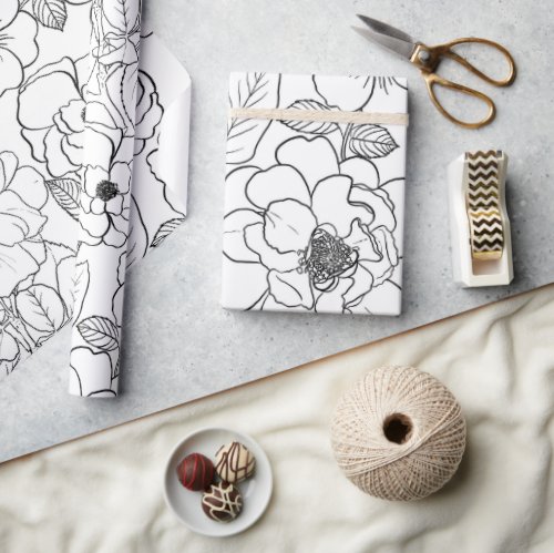 Elegant Black White Roses Line art Floral Wrapping Paper