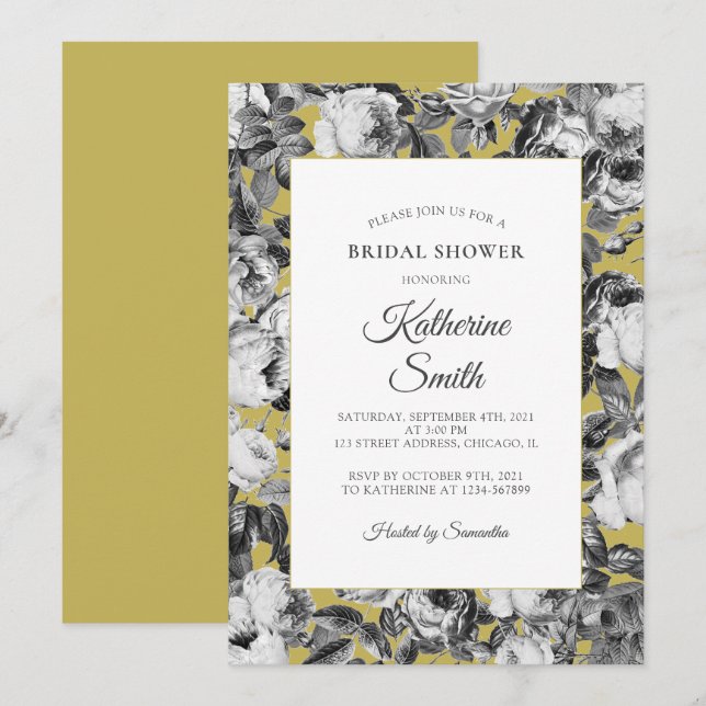 Elegant Black White Roses on Gold Bridal Shower Invitation (Front/Back)
