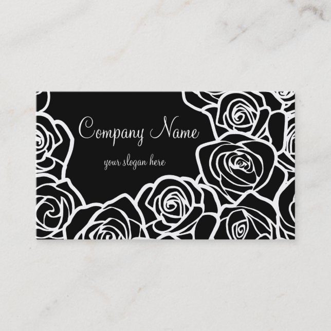 Elegant Black White Roses Romantic Floral Makeup Business Card (Front)