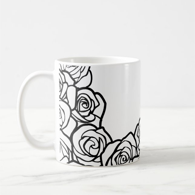Elegant Black White Roses Romantic Floral Pattern Coffee Mug (Left)
