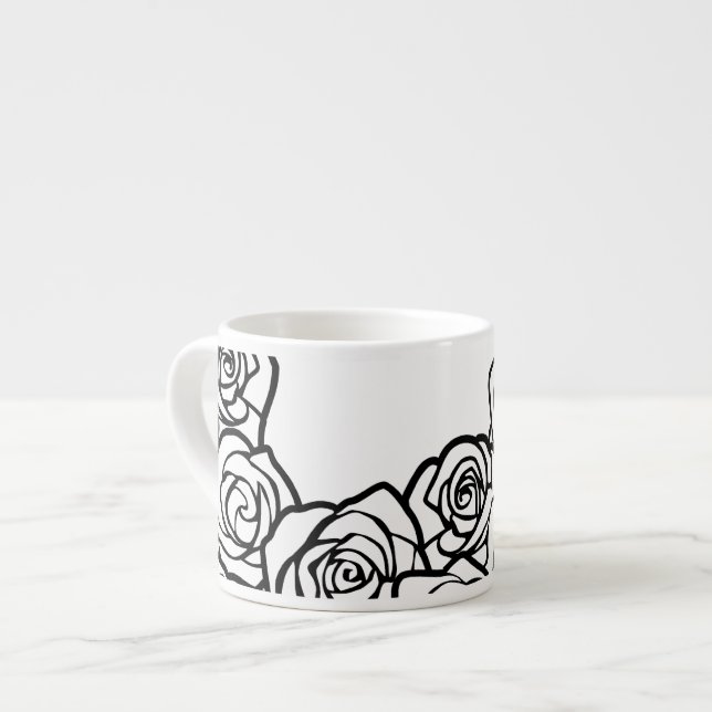 Elegant Black White Roses Romantic Floral Pattern Espresso Cup (Front Left)