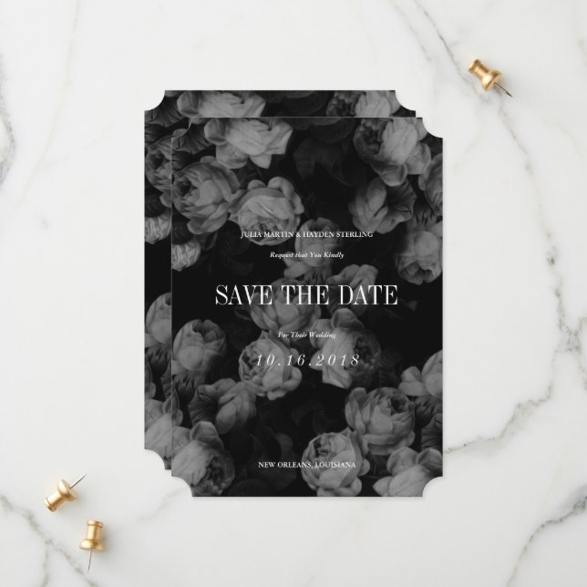 Elegant Black & White Roses Save the Date Cards (Front/Back In Situ)