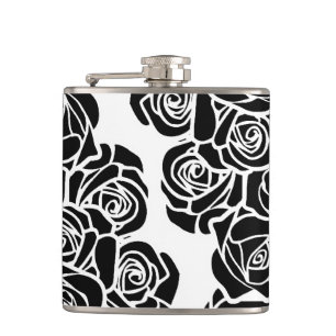 Elegant Black White Roses Vintage Floral Pattern Flask