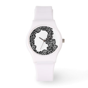 Elegant Black White Roses Vintage Floral Pattern Watch