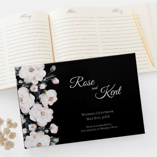 Elegant Black White Roses Wedding Guest Book