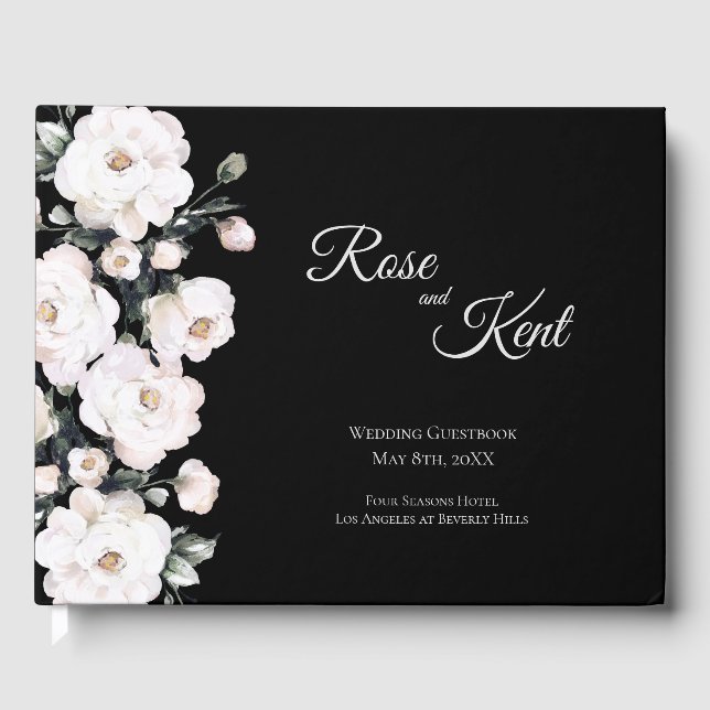 Elegant Black White Roses Wedding Guest Book (Front)