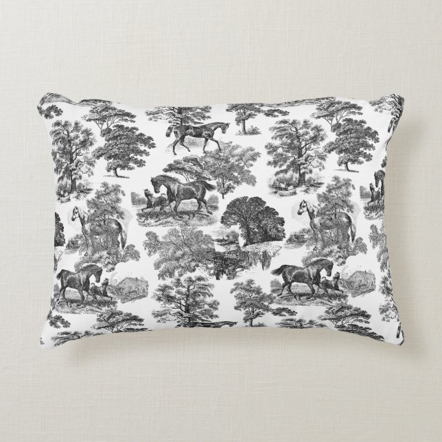 Elegant Black White Rustic Horses Toile Accent Pillow (Front)