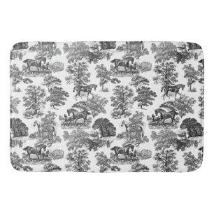 Elegant Black White Rustic Horses Toile Bath Mat
