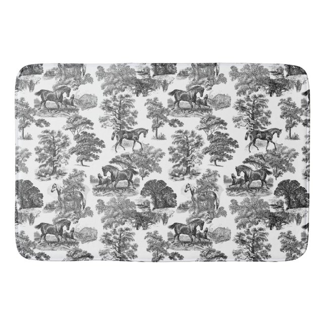 Elegant Black White Rustic Horses Toile Bath Mat (Front)