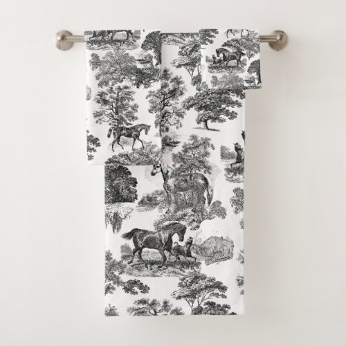 Elegant Black White Rustic Horses Toile  Bath Towel Set