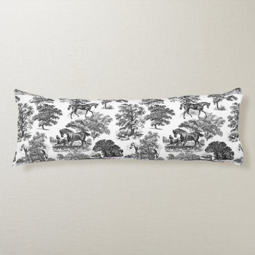 Elegant Black White Rustic Horses Toile  Body Pillow