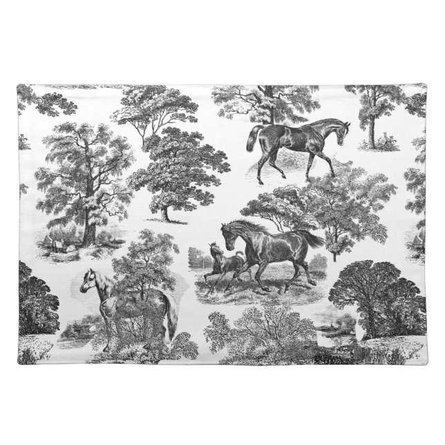 Elegant Black White Rustic Horses Toile Cloth Placemat (Front)