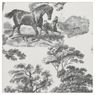 Elegant Black White Rustic Horses Toile Fabric