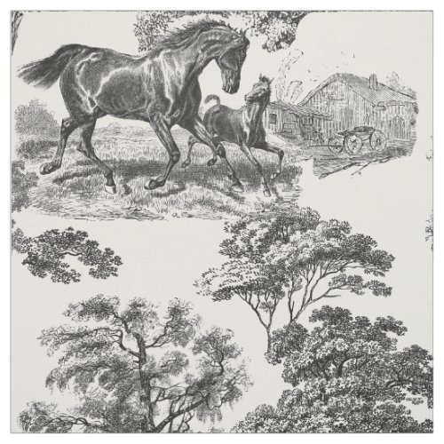 Elegant Black White Rustic Horses Toile Fabric