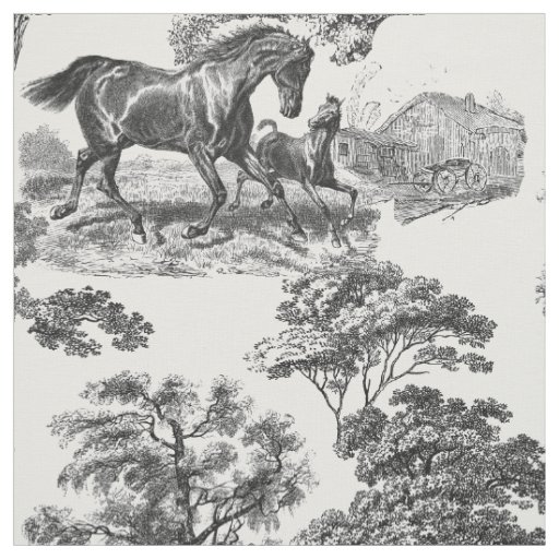 Elegant Black White Rustic Horses Toile Fabric
