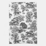 Elegant Black White Rustic Horses Toile   Kitchen Towel