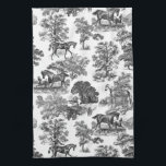 Elegant Black White Rustic Horses Toile   Kitchen Towel<br><div class="desc">Elevate your space with the timeless sophistication of classic French design. This toile de Jouy–inspired pattern features an elegant, repeating pastoral scene with horses, capturing movement, grace, and heritage in every detail. Traditionally rendered in blue and white, the design is also available in rich alternative colorways—including wine red, sage green,...</div>