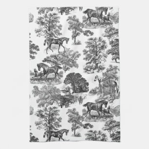 Elegant Black White Rustic Horses Toile Kitchen Towel