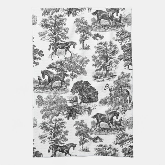 Elegant Black White Rustic Horses Toile   Kitchen Towel (Vertical)