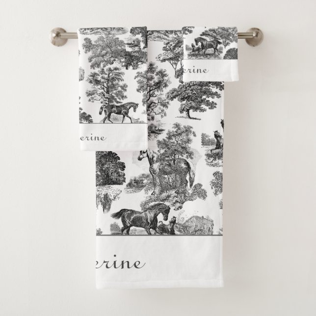 Elegant Black White Rustic Horses Toile Name Bath Towel Set (Insitu)