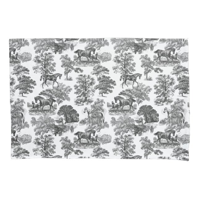 Elegant Black White Rustic Horses Toile Pillow Case (Front-Left)