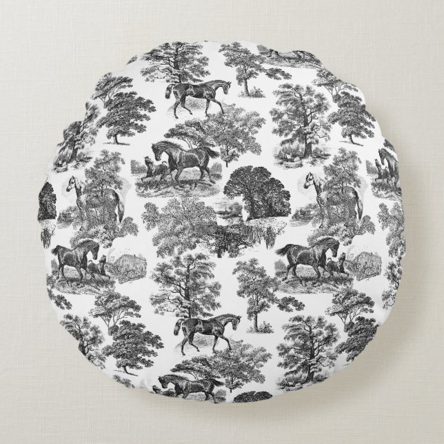 Elegant Black White Rustic Horses Toile Round Pillow (Front)