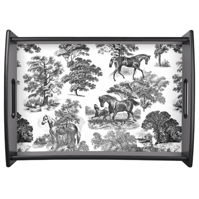 Elegant Black White Rustic Horses Toile Serving Tray (Front)
