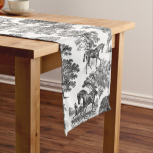 Elegant Black White Rustic Horses Toile Short Table Runner