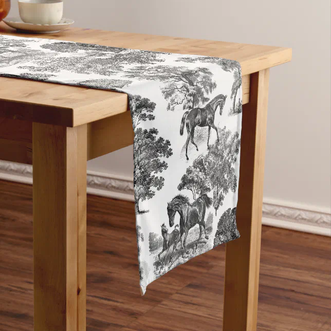 Elegant Black White Rustic Horses Toile Short Table Runner | Zazzle