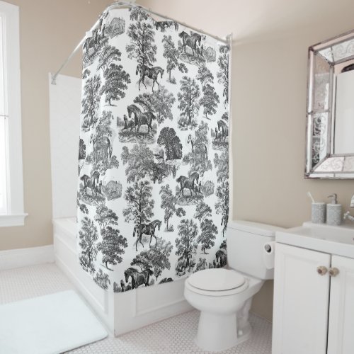 Elegant Black White Rustic Horses Toile Shower Curtain