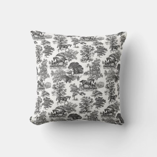 Elegant Black White Rustic Horses Toile Throw Pillow