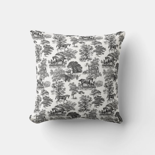 Elegant Black White Rustic Horses Toile Throw Pillow (Front)