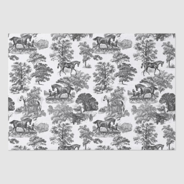 Elegant Black White Rustic Horses Toile Tissue Paper (Front)