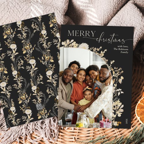 Elegant Black White Script 1 Photo Arch Christmas  Holiday Card