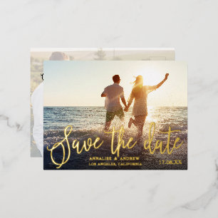 Elegant black white script 2 photos save the date foil invitation postcard