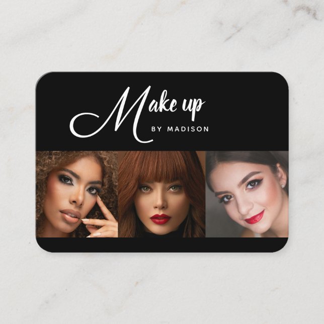 Elegant Black White Script 3 Photo Makeup Business Card (Front)