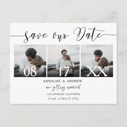 Elegant black white script 3 photos save the date postcard